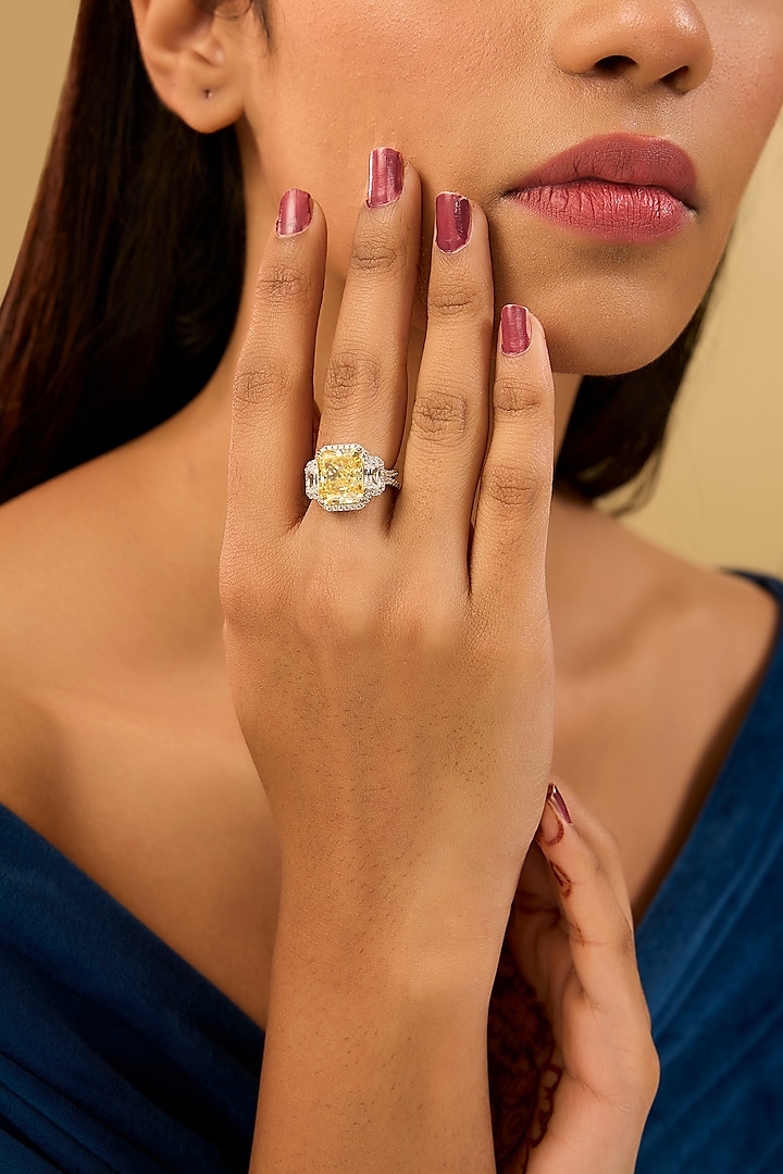 White Gold Finish Eurostar Zircon & Glass-Filled Yellow Sapphire Stone Ring In Sterling Silver by STELLA CREATIONS at Pernia's Pop Up Shop